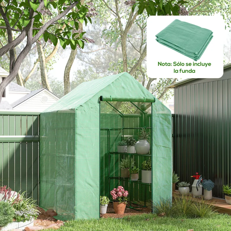 Conjunto de Invernadero de Jardín con Estantes y Cubierta de PE con Puerta Enrollable y Ventana 143x138x190 cm V... - Ogal.Es
