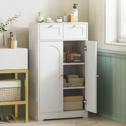 Armario de Baño Estrecho con 2 Cajones Estante Abierto y Puerta con Panel Arqueado 60x30x108 cm Blanco Veteado - Ogal.Es