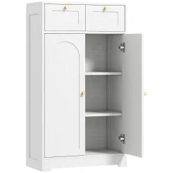 Armario de Baño Estrecho con 2 Cajones Estante Abierto y Puerta con Panel Arqueado 60x30x108 cm Blanco Veteado - Ogal.Es