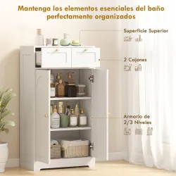 Armario de Baño Estrecho con 2 Cajones Estante Abierto y Puerta con Panel Arqueado 60x30x108 cm Blanco Veteado - Ogal.Es