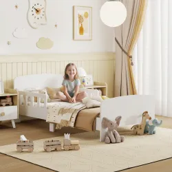 Cama infantil 70x140 cm cama para niños con barrera anticaídas y somier para niños y niñas de 3-8 años blanco - Ogal.Es