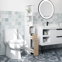 Columna de Baño Moderno Mueble Auxiliar de Baño con 2 Estantes 2 Cajones y 1 Puerta Antivuelco 15x33x136,8 cm Na... - Ogal.Es