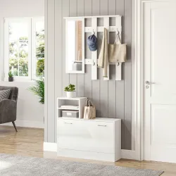 Recibidor con Espejo Perchero y Zapatero Muebles de Entrada con 6 Ganchos y Estantes para 8 Pares de Zapatos Blanco - Ogal.Es