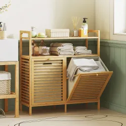 Mueble Ropa Sucia de Bambú 2 Bolsas de Ropa Extraíbles y Lavables con Asa 2 Estantes Abiertos 82x33x88 cm Natural - Ogal.Es