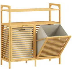 Mueble Ropa Sucia de Bambú 2 Bolsas de Ropa Extraíbles y Lavables con Asa 2 Estantes Abiertos 82x33x88 cm Natural - Ogal.Es