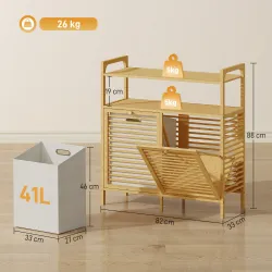 Mueble Ropa Sucia de Bambú 2 Bolsas de Ropa Extraíbles y Lavables con Asa 2 Estantes Abiertos 82x33x88 cm Natural - Ogal.Es