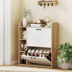 Zapatero Estrecho con 2 Puertas 3 Estantes Laterales y Estantes Ajustables para 15 Pares de Zapatos Natural y Bl... - Ogal.Es