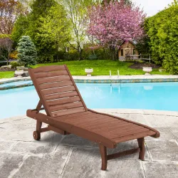 Tumbona de Madera Exterior Silla Reclinable de Jardín con 2 Ruedas Respaldo Ajustable y 1 Bandeja Carga 113 kg N... - Ogal.Es