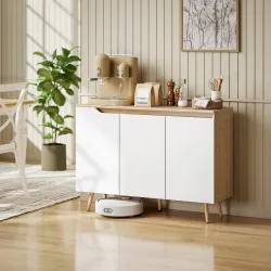 Aparador de Salón con 3 Puertas Estantes Ajustables Patas de Madera para Cocina Entrada 107x35x76,5 cm Roble y B... - Ogal.Es