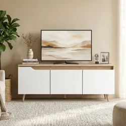 Mesa de TV para Salón con 3 Puertas para Televisión de 55 Pulgadas Estilo Moderno 120x35x45,5 cm Roble y Blanco - Ogal.Es