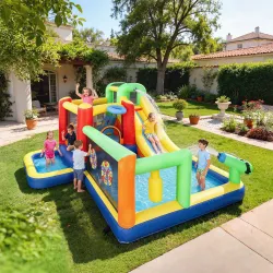 Castillo Hinchable Acuático con Soplador 550W 9 en 1 con Tobogán Trampolín Escalada 2 Piscinas Canasta Columna d... - Ogal.Es