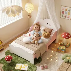 Cama Infantil 70x140 cm Montessori con Barandillas Altas Tema Algodón de Azúcar para Niños y Niñas de 3-6 Años Rosa - Ogal.Es