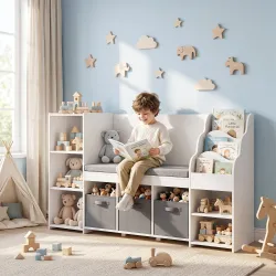 Estantería Infantil Juguetes con Rincón de Lectura Cojín 3 Cajones de Tela 3 Estantes 4 Cubículos 137x40x80 cm B... - Ogal.Es