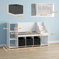 Estantería Infantil Juguetes con Rincón de Lectura Cojín 3 Cajones de Tela 3 Estantes 4 Cubículos 137x40x80 cm B... - Ogal.Es