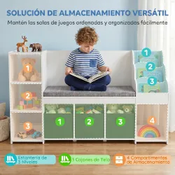 Estantería Infantil Juguetes con Rincón de Lectura Cojín 3 Cajones de Tela 3 Estantes 4 Cubículos 137x40x80 cm B... - Ogal.Es