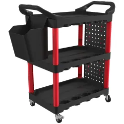 Carro de Herramientas de 3 Niveles con Paneles Perforados Asa Lateral Ganchos Cubeta Negro y Rojo - Ogal.Es