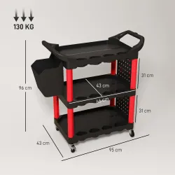 Carro de Herramientas de 3 Niveles con Paneles Perforados Asa Lateral Ganchos Cubeta Negro y Rojo - Ogal.Es