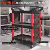 Carro de Herramientas de 3 Niveles con Paneles Perforados Asa Lateral Ganchos Cubeta Negro y Rojo - Ogal.Es