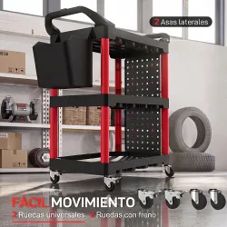 Carro de Herramientas de 3 Niveles con Paneles Perforados Asa Lateral Ganchos Cubeta Negro y Rojo - Ogal.Es