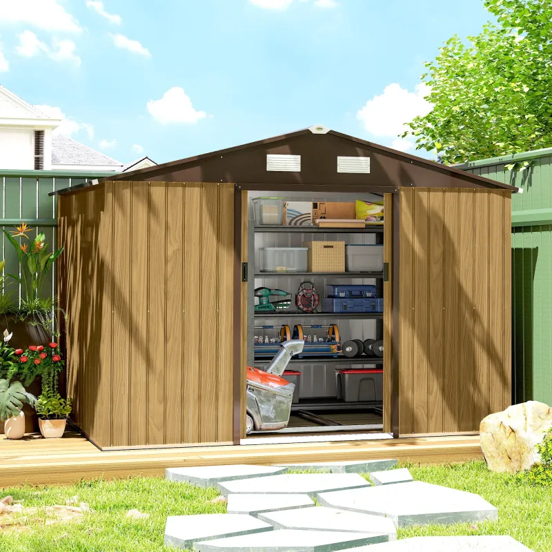 Cobertizo de Jardín Exterior 4,9 m² 277x195x192 cm con Puerta Corredera Ventilación y Kit de Fundación Marrón - Ogal.Es