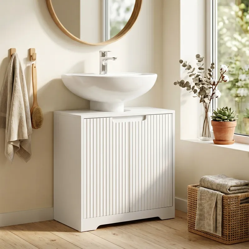 Mueble Bajo Lavabo con Puertas de Cierre Suave y Diseño Acanalado 2 Estantes para Lavabo con o sin Pedestal Blanco - Ogal.Es