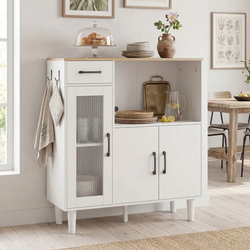 Aparador de Cocina Moderno con Puerta de Acrílico Cajón Estante Ajustable Compartimento Abierto 80x34x91 cm Blanco - Ogal.Es