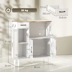 Aparador de Cocina Moderno con Puerta de Acrílico Cajón Estante Ajustable Compartimento Abierto 80x34x91 cm Blanco - Ogal.Es