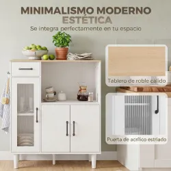 Aparador de Cocina Moderno con Puerta de Acrílico Cajón Estante Ajustable Compartimento Abierto 80x34x91 cm Blanco - Ogal.Es