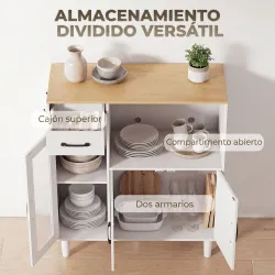 Aparador de Cocina Moderno con Puerta de Acrílico Cajón Estante Ajustable Compartimento Abierto 80x34x91 cm Blanco - Ogal.Es