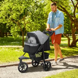 Carrito para Perros con 3 Ruedas Ventanas de Malla Cesta de Almacenaje y Correas de Seguridad 109,5x57,5x106,5 c... - Ogal.Es