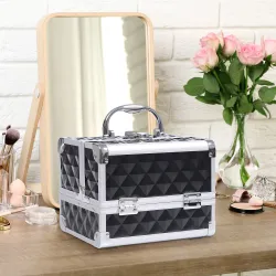 Maletín de Maquillaje Con Espejo Cerradura Varios Compartimientos 20x15x15cm Aluminio Negro - Ogal.Es
