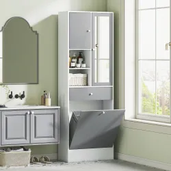 Armario de Baño con Cesto Ropa Sucia Espejo Cajón Compartimentos y Estantes Ajustables 62x28,3x181 cm Blanco y Gris - Ogal.Es