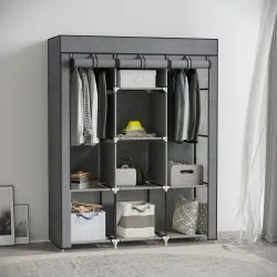 Armario de Tela Plegable Ropero Portátil con 8 Estantes y 2 Barras de Colgar para Dormitorio 125x43x162,5 cm Gris - Ogal.Es
