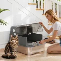 Arenero para Gatos de Acero Inoxidable XXL con Tapa Abatible Laterales Altos Entrada Superior Pala Negro - Ogal.Es