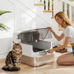 Arenero para Gatos de Acero Inoxidable XXL con Tapa Abatible Laterales Altos Entrada Superior Pala Blanco - Ogal.Es