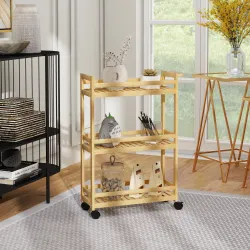 Carrito de Cocina Estrecho de 3 Niveles con Ruedas Asa para Salón Baño Espacios Pequeños 55x20x75 cm Natural - Ogal.Es