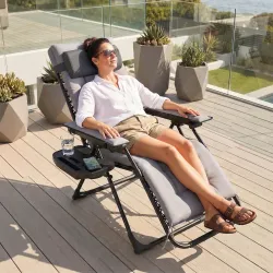 Silla de Gravedad Cero Tumbona Plegable y Reclinable Ajustable con Reposabrazos Reposacabezas Portavasos Gris Claro - Ogal.Es