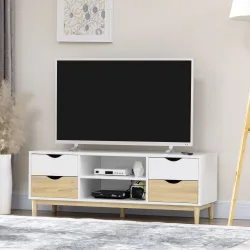 Mueble TV de Salón Mesa para Televisores de hasta 55" con Estantes y 4 Cajones 120x40x44,5 cm Blanco y Roble - Ogal.Es