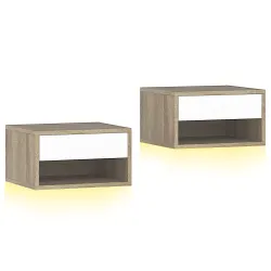 Juego de 2 Mesitas de Noche Flotantes con Luces LED RGB Control de APP Cajón Estante Abierto Natural y Blanco - Ogal.Es