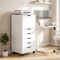 Cajonera de Oficina con 5 Cajones Ruedas y Armario con Cierre Suave Soporte para Impresora Blanco - Ogal.Es