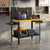 Banco de Trabajo con Panel Perforado Mesa de Trabajo con Enchufes Luz LED Ruedas Marco de Metal Negro y Amarillo - Ogal.Es