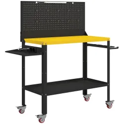 Banco de Trabajo con Panel Perforado Mesa de Trabajo con Enchufes Luz LED Ruedas Marco de Metal Negro y Amarillo - Ogal.Es