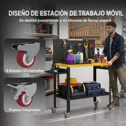 Banco de Trabajo con Panel Perforado Mesa de Trabajo con Enchufes Luz LED Ruedas Marco de Metal Negro y Amarillo - Ogal.Es