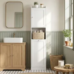 Armario Alto de Baño con Cesto Ropa Sucia con Compartimentos Abiertos y Estantes Ajustables 40x30x170 cm Blanco - Ogal.Es