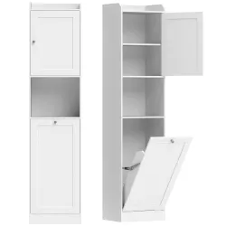 Armario Alto de Baño con Cesto Ropa Sucia con Compartimentos Abiertos y Estantes Ajustables 40x30x170 cm Blanco - Ogal.Es