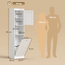 Armario Alto de Baño con Cesto Ropa Sucia con Compartimentos Abiertos y Estantes Ajustables 40x30x170 cm Blanco - Ogal.Es