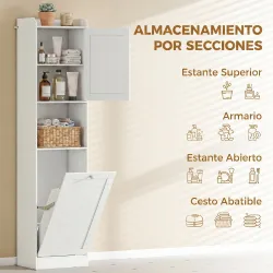 Armario Alto de Baño con Cesto Ropa Sucia con Compartimentos Abiertos y Estantes Ajustables 40x30x170 cm Blanco - Ogal.Es