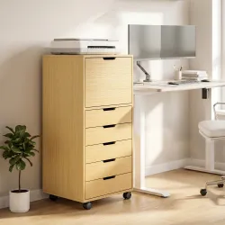 Cajonera de Oficina con 5 Cajones Ruedas y Armario con Cierre Suave Soporte para Impresora Natural - Ogal.Es