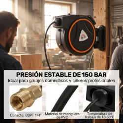 Manguera Compresor Aire 20 m + 2 m Conector de 1/4'' BSP con Soporte para Pared Giratorio 180° Negro - Ogal.Es