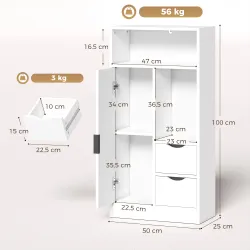 Armario de Baño con 2 Cajones Compartimento Abierto y Estantes Ajustables para Espacio Pequeño 50x25x100 cm Blanco - Ogal.Es